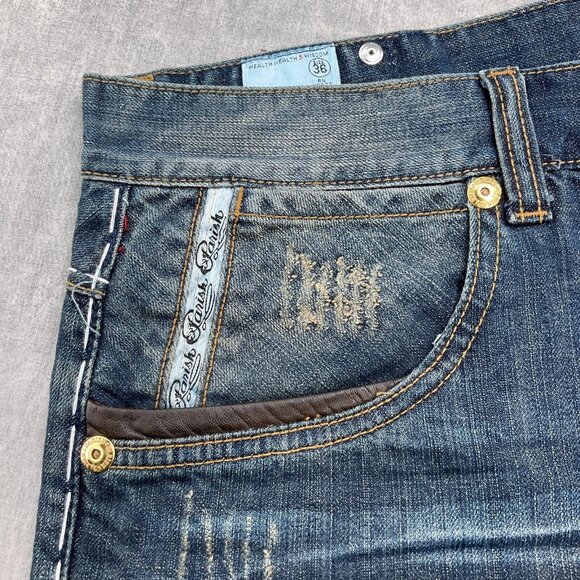 Parish Shorts Men 36W x 14L Blue Stonewash Button Fly Leather High Rise Denim - Picture 5 of 14